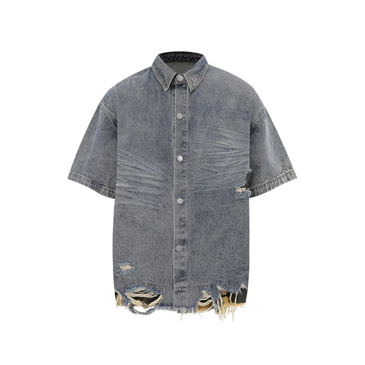 Distressed Ripped Denim shirt -----6213 - TALKLESSFASHION