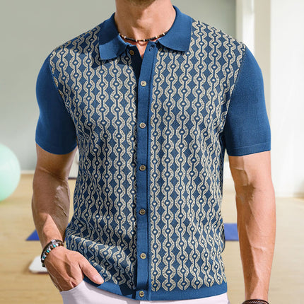 Summer Tencel Short-sleeved Sweater Lapel Jacquard Cardigan For Men - TALKLESSFASHION