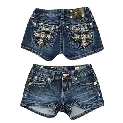 Retro Printing Washed Denim Shorts - TALKLESSFASHION