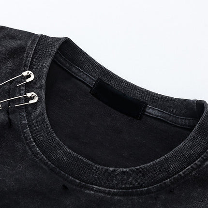 Knife Cut Hole Black Washed T-Shirt--4567 - TALKLESSFASHION
