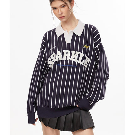American retro polo collar striped sweater —-7087