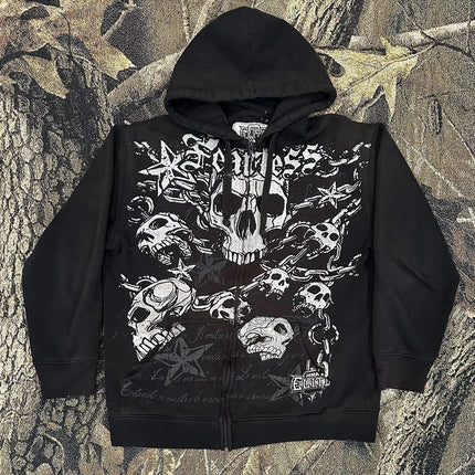 Punk Dark Skull Printed Zip-Up Hoodie—1084 - TALKLESSFASHION