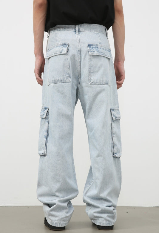 Retro Washed Light Blue Cargo Jeans —9810 - TALKLESSFASHION
