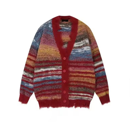Autumn Color Blocking Striped Sweater Cardigan—7110