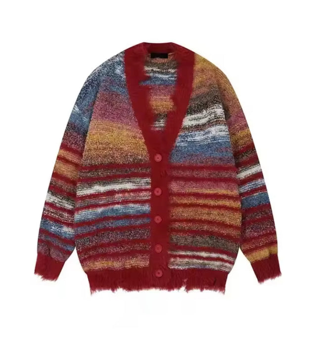 Autumn Color Blocking Striped Sweater Cardigan—7110