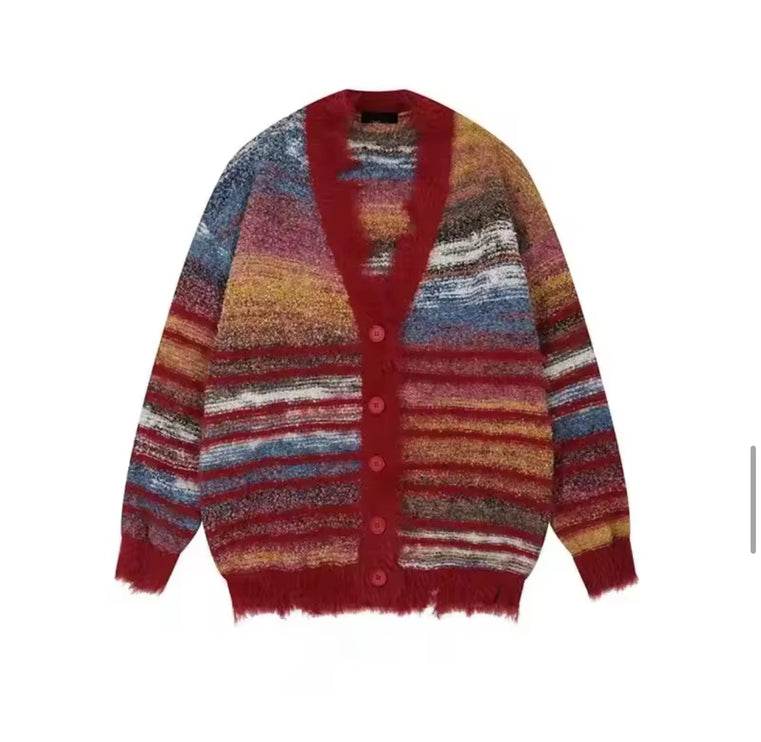Autumn Color Blocking Striped Sweater Cardigan—7110