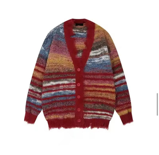 Autumn Color Blocking Striped Sweater Cardigan—7110