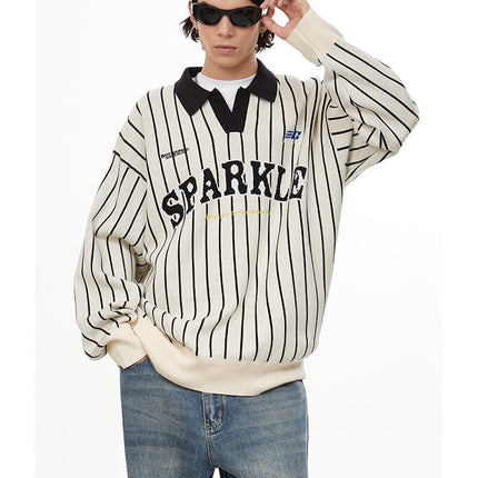 American retro polo collar striped sweater —-7087