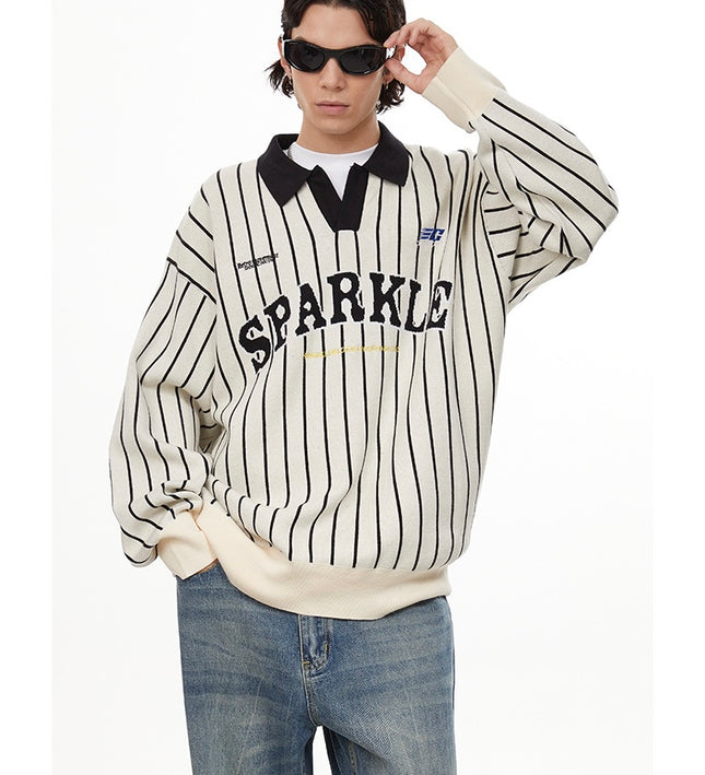 American retro polo collar striped sweater —-7087