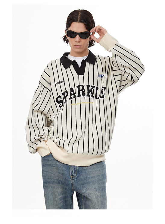 American retro polo collar striped sweater —-7087