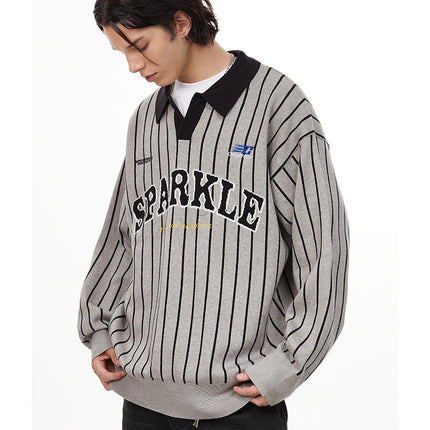 American retro polo collar striped sweater —-7087