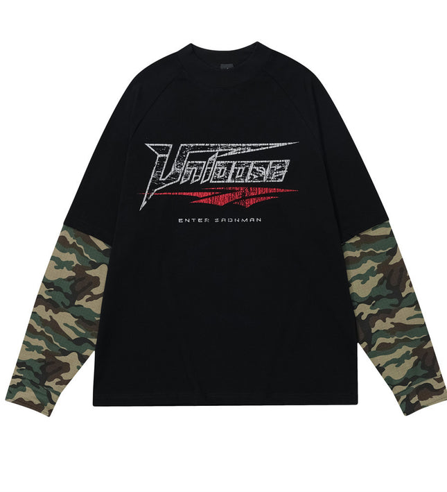 False Two-piece Patchwork Camouflage Long Sleeve Loose T-shirt Men - TALKLESSFASHION