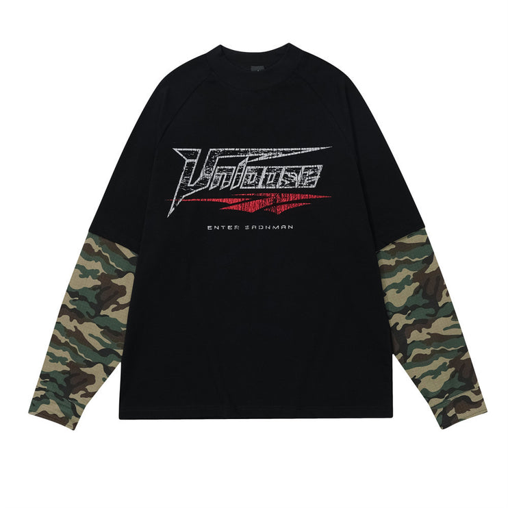 False Two-piece Patchwork Camouflage Long Sleeve Loose T-shirt Men - TALKLESSFASHION