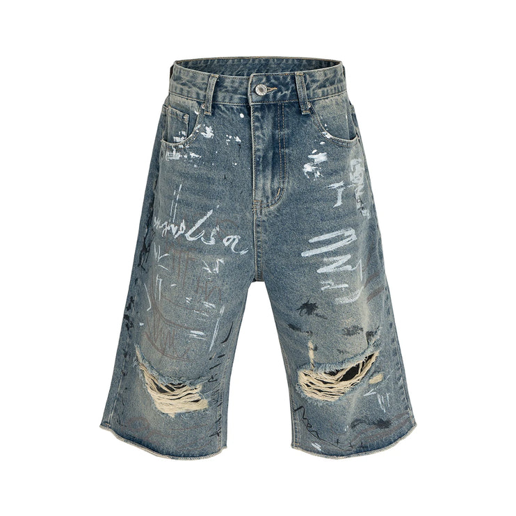 Graffiti Ripped Seven Quarter Denim Shorts --3424 - TALKLESSFASHION