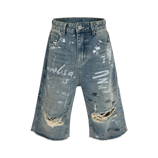 Graffiti Ripped Seven Quarter Denim Shorts --3424 - TALKLESSFASHION