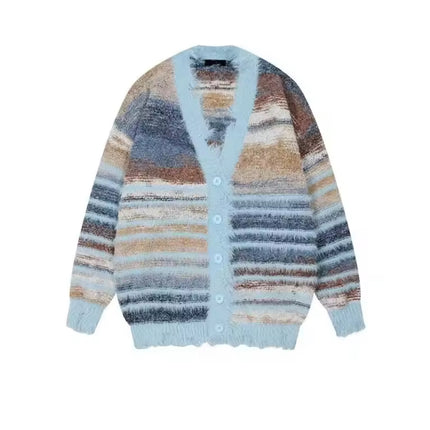 Autumn Color Blocking Striped Sweater Cardigan—7110