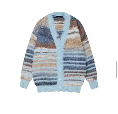 Autumn Color Blocking Striped Sweater Cardigan—7110
