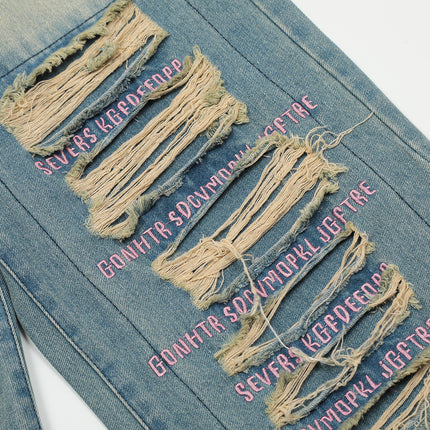 Beggar Ripped Patch Embroidered Letter Jeans - TALKLESSFASHION