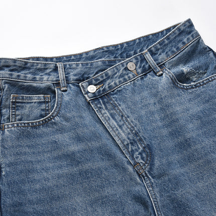 Slant Placket Distressed Straight Jeans—8790 - TALKLESSFASHION