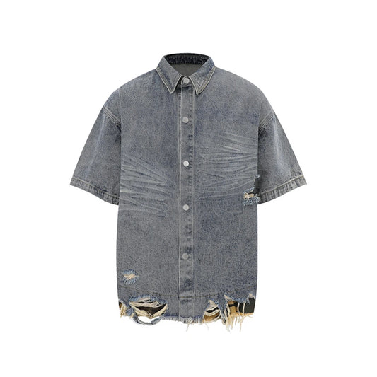 Distressed Ripped Denim shirt -----6213 - TALKLESSFASHION