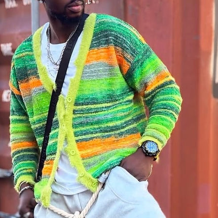Autumn Color Blocking Striped Sweater Cardigan—7110
