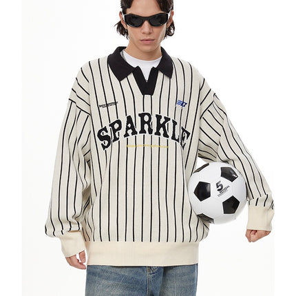 American retro polo collar striped sweater —-7087