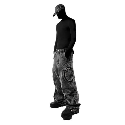 Black Ripped Design Zipper jeans—7059