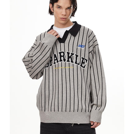 American retro polo collar striped sweater —-7087