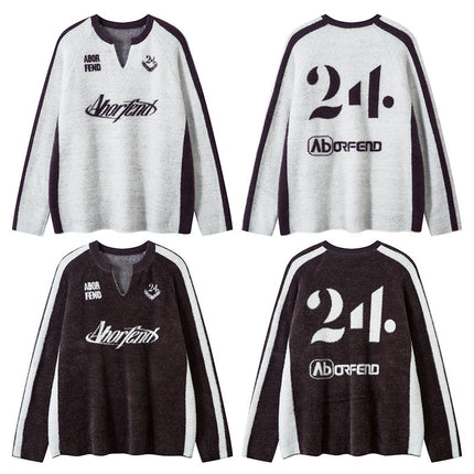 TKPA American Retro Color Matching Letters Jacquard V-neck Comfortable Knitwear - TALKLESSFASHION
