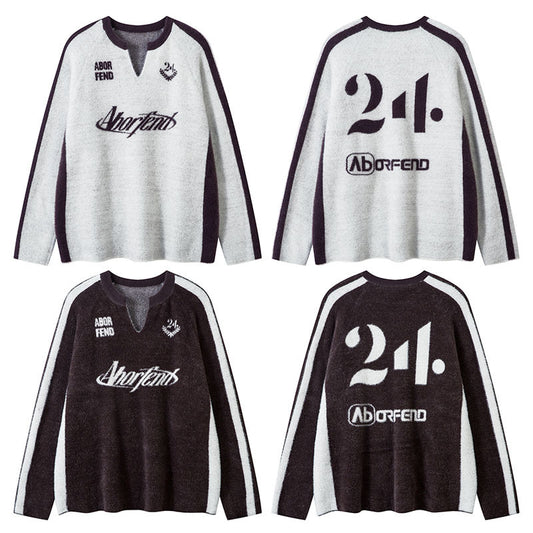 TKPA American Retro Color Matching Letters Jacquard V-neck Comfortable Knitwear - TALKLESSFASHION