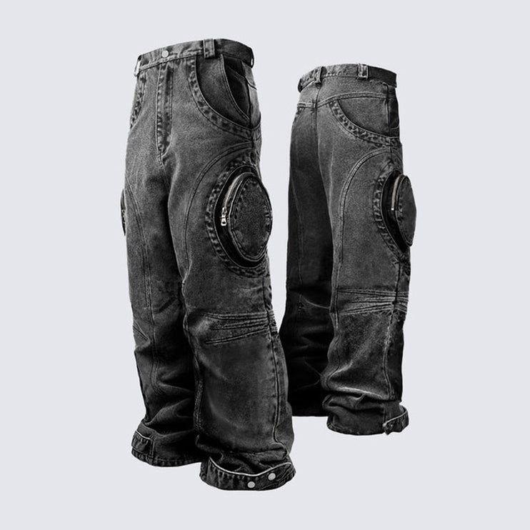 Black Ripped Design Zipper jeans—7059