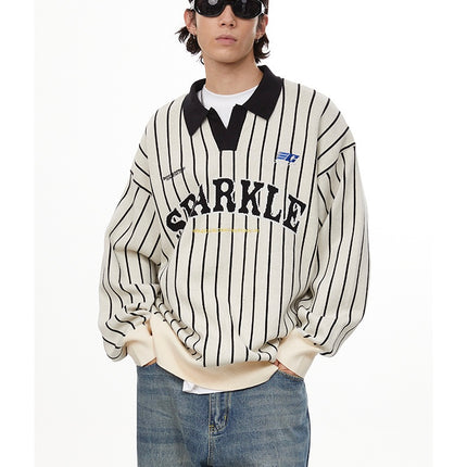 American retro polo collar striped sweater —-7087