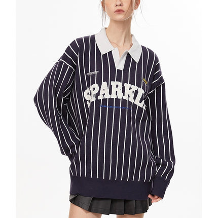 American retro polo collar striped sweater —-7087