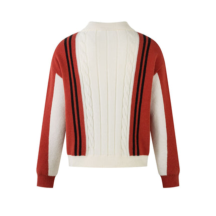 Color Contrast Long Sleeve Lapel Zipper Sweater —-7089