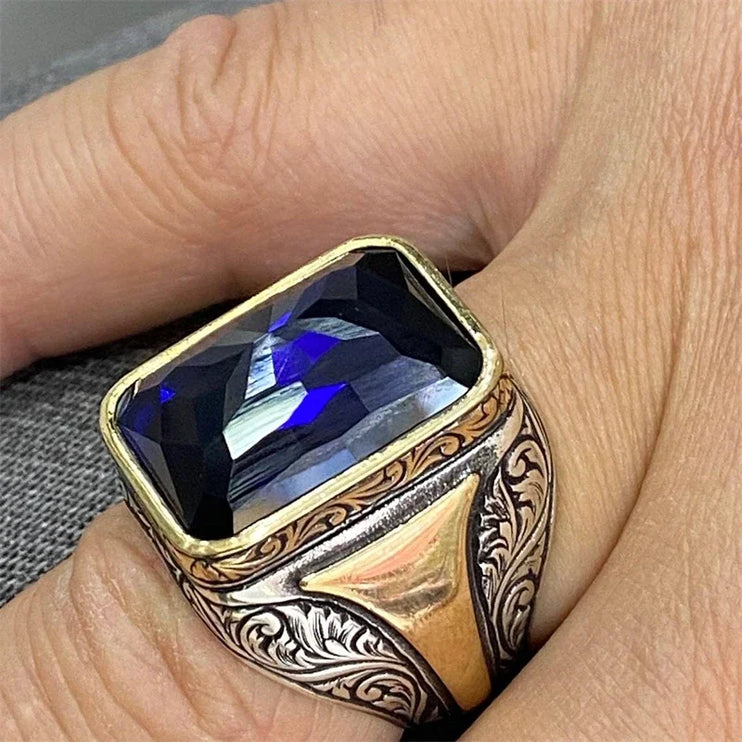 Square Geometry Grave Gold Silver Color Blue Stone Rings------5384 - TALKLESSFASHION