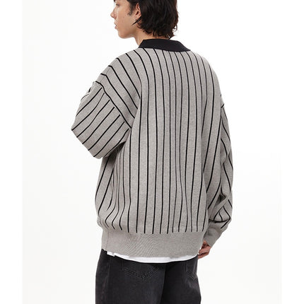 American retro polo collar striped sweater —-7087