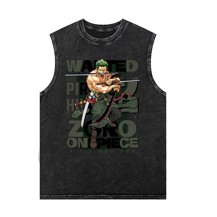 Vintage Heavyweight Washed Cotton Retro Aged Sleeveless T-Shirt One Piece Anime Mens Womens Summer Trendy Brand Vest Tank Top