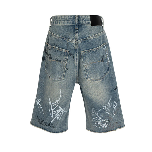 Graffiti Ripped Seven Quarter Denim Shorts --3424 - TALKLESSFASHION