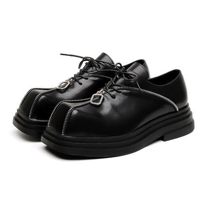Thick Bottom Square Toe Men's Trendy Unique Punk Zipper Design Trendy Black Business Leather Shoes - TALKLESSFASHION
