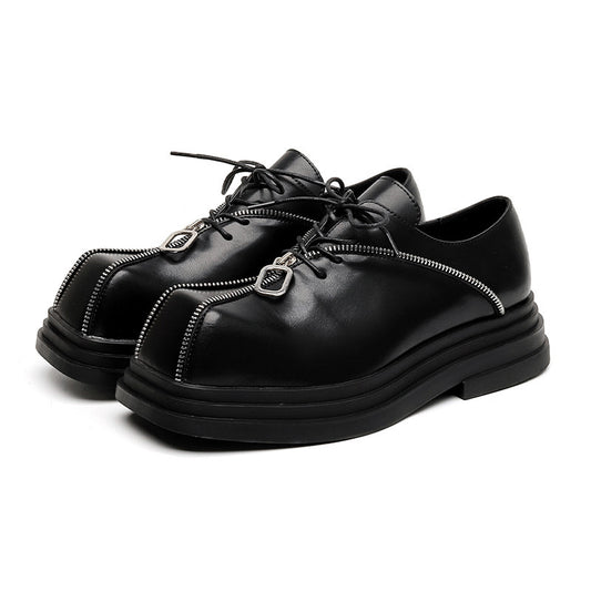 Thick Bottom Square Toe Men's Trendy Unique Punk Zipper Design Trendy Black Business Leather Shoes - TALKLESSFASHION