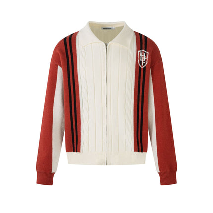 Color Contrast Long Sleeve Lapel Zipper Sweater —-7089