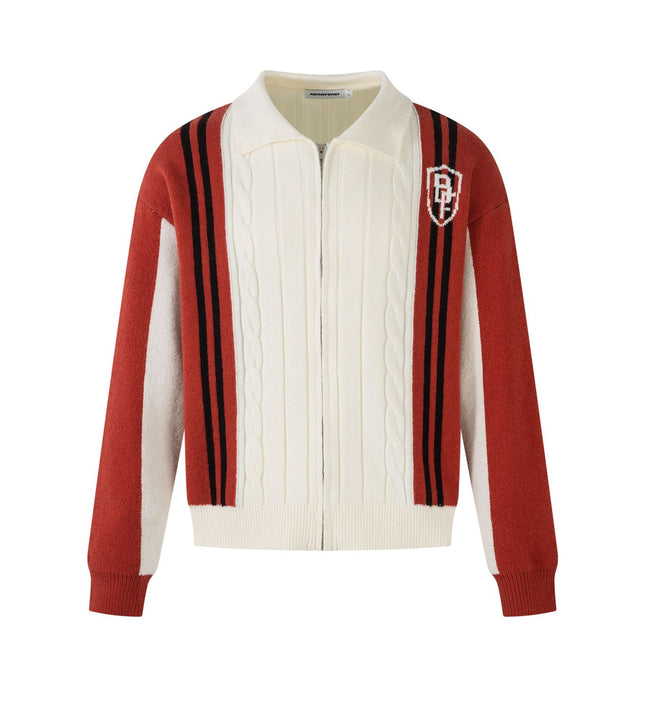 Color Contrast Long Sleeve Lapel Zipper Sweater —-7089