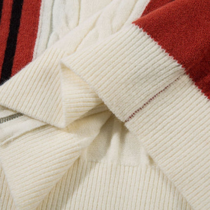 Color Contrast Long Sleeve Lapel Zipper Sweater —-7089