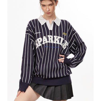 American retro polo collar striped sweater —-7087