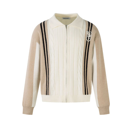 Color Contrast Long Sleeve Lapel Zipper Sweater —-7089