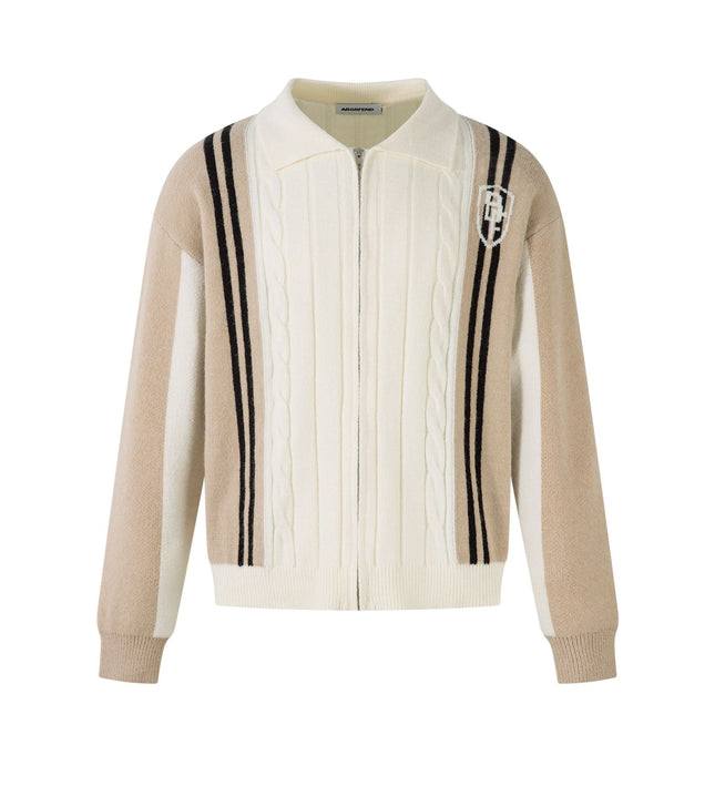 Color Contrast Long Sleeve Lapel Zipper Sweater —-7089