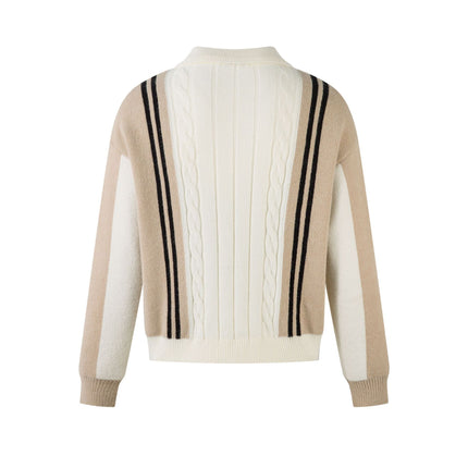 Color Contrast Long Sleeve Lapel Zipper Sweater —-7089