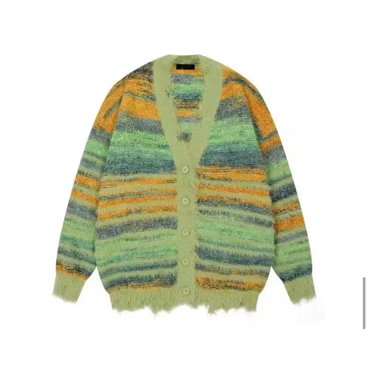 Autumn Color Blocking Striped Sweater Cardigan—7110