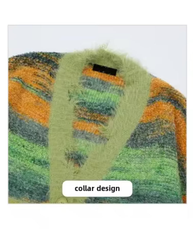 Autumn Color Blocking Striped Sweater Cardigan—7110
