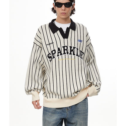 American retro polo collar striped sweater —-7087